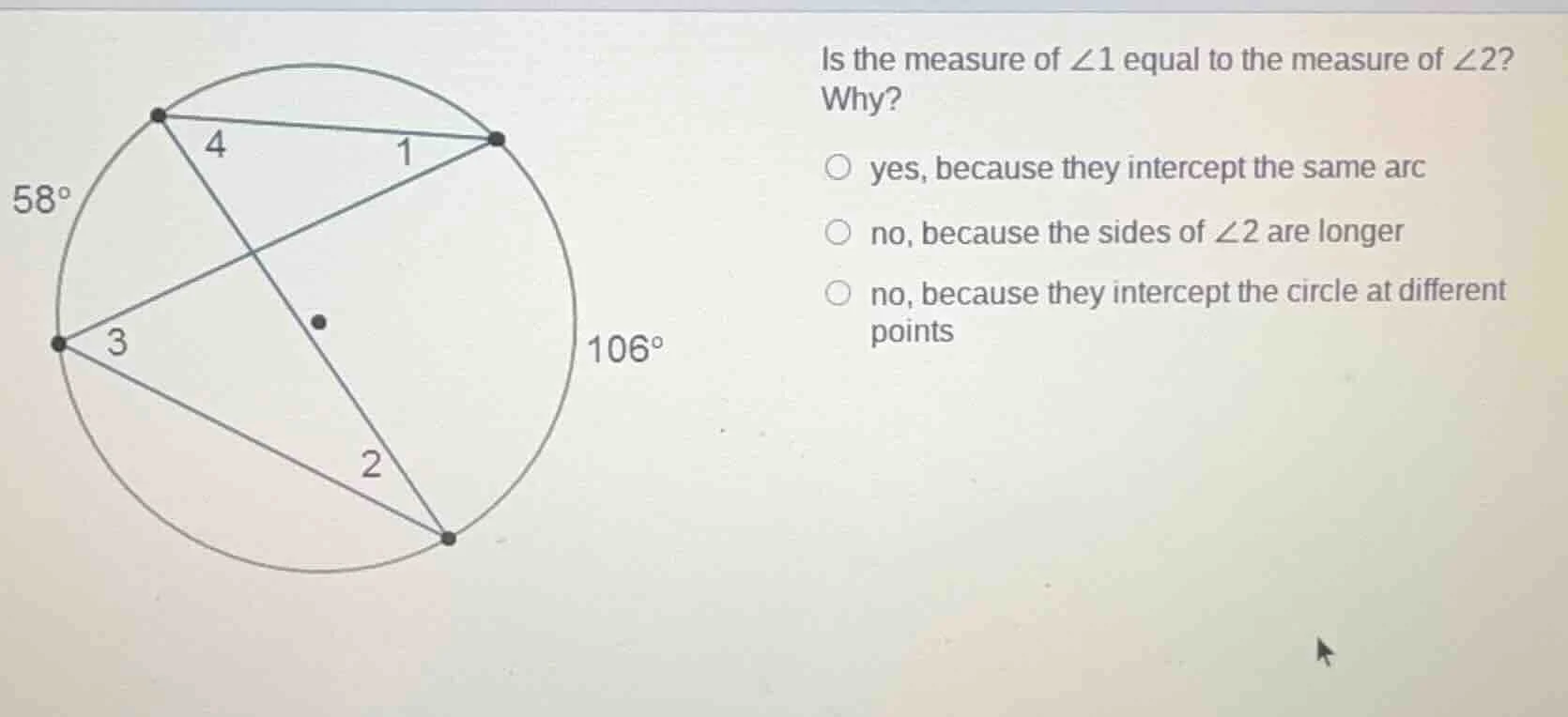 is the measure of $angle 1$ equal to the measure of $angle 2$? why? ○ y…