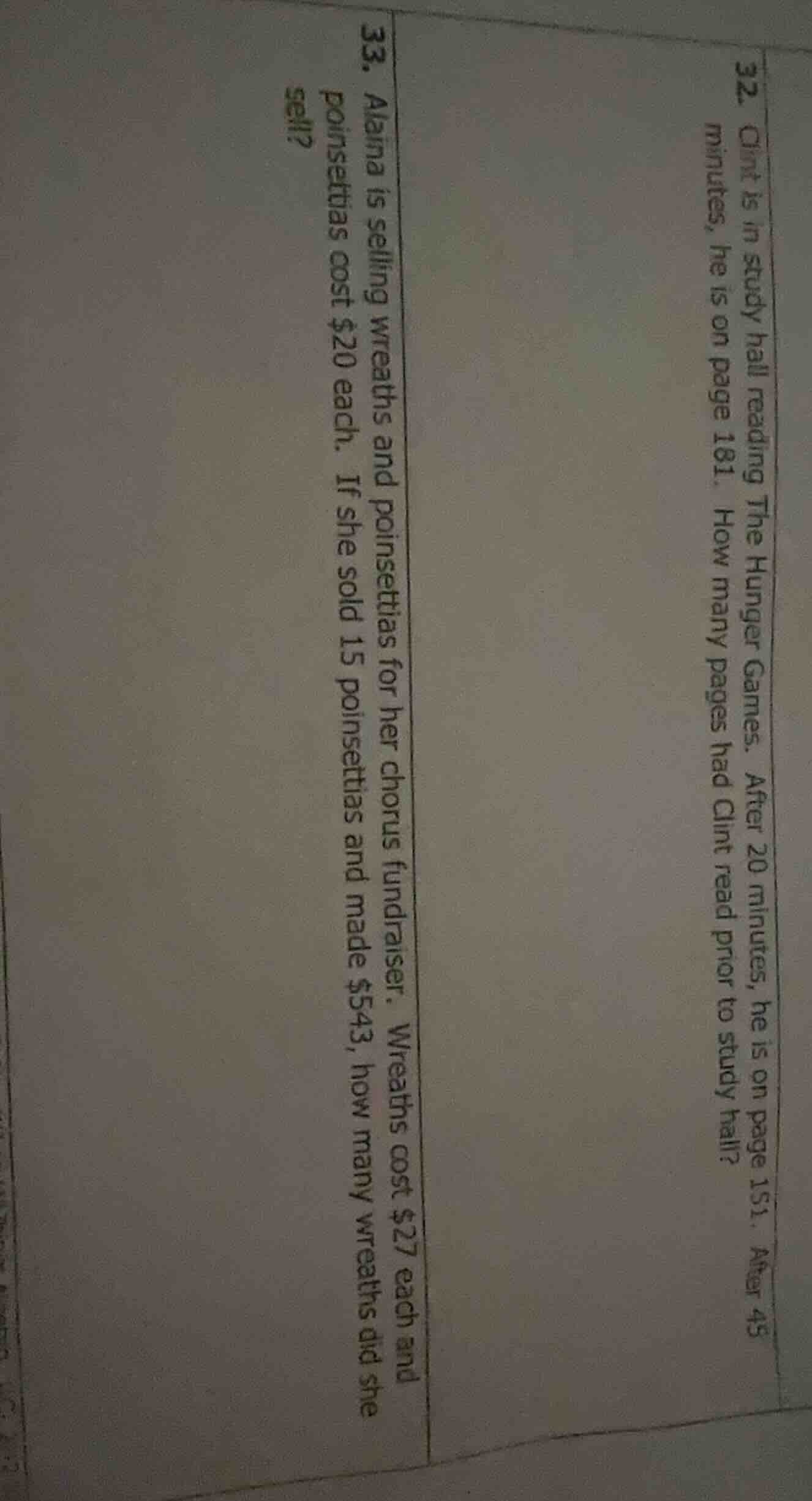 32. clint is in study hall reading the hunger games. after 20 minutes, …