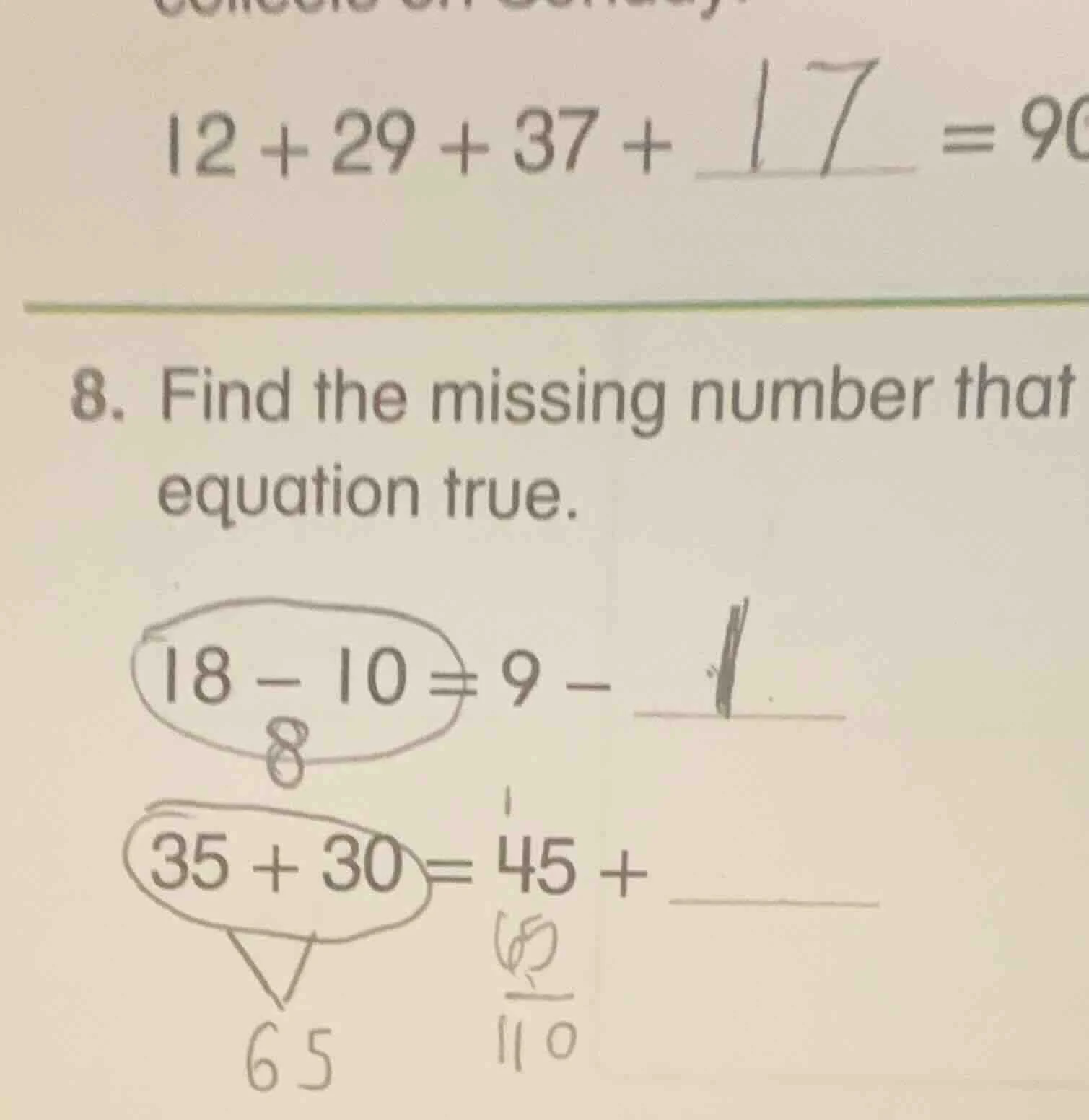$12 + 29 + 37 + 17 = 90$ 8. find the missing number that makes the equa…