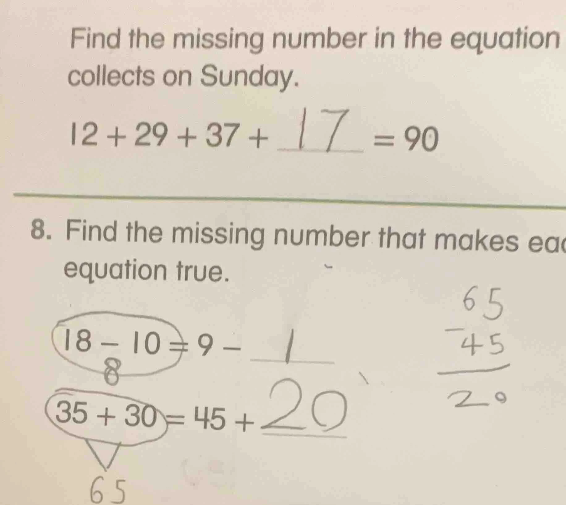 find the missing number in the equation collects on sunday. $12 + 29 + …