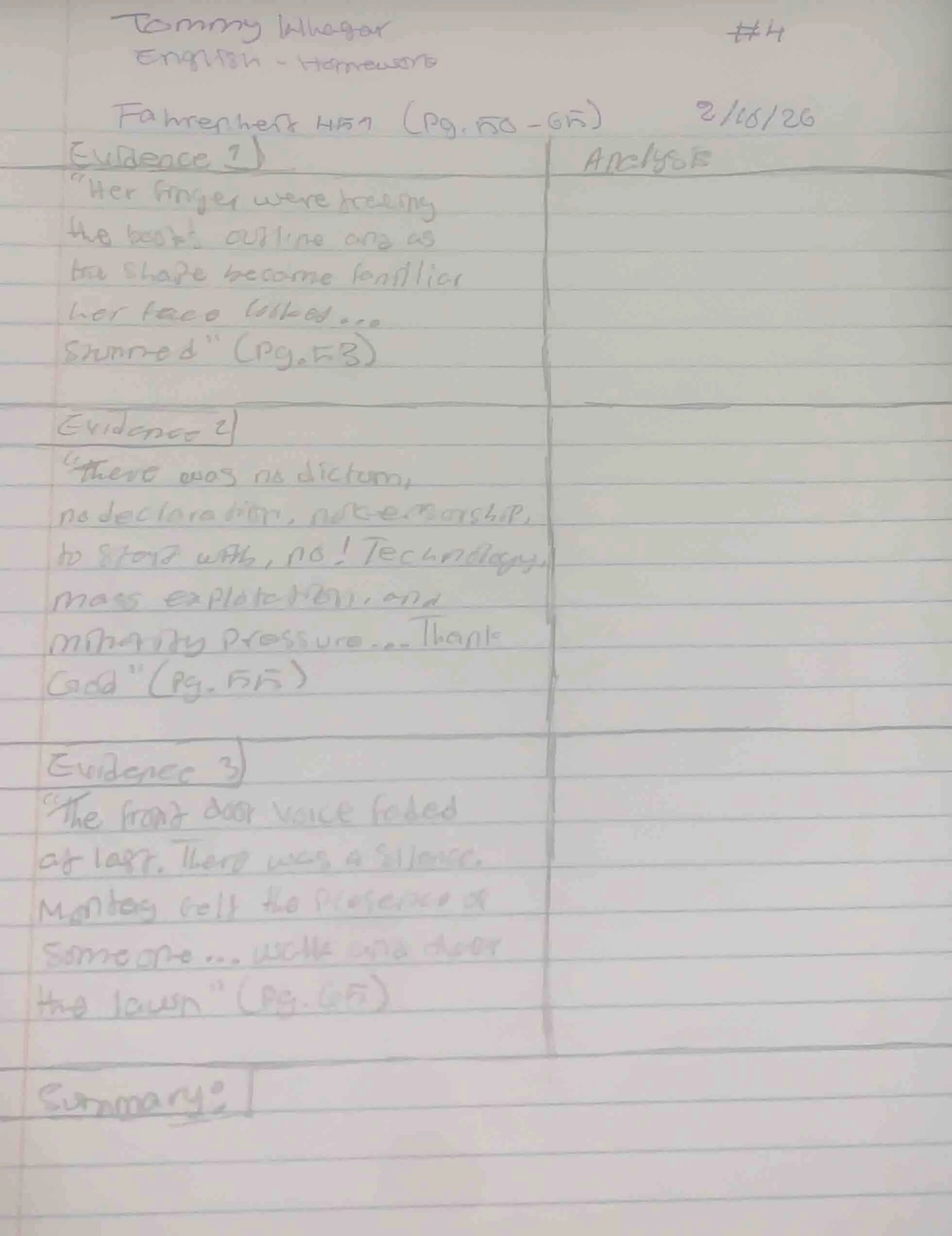 tommy wheagar #4english - homeworkfahrenheit 451 (pg. 50-65) 2/16/26evi…