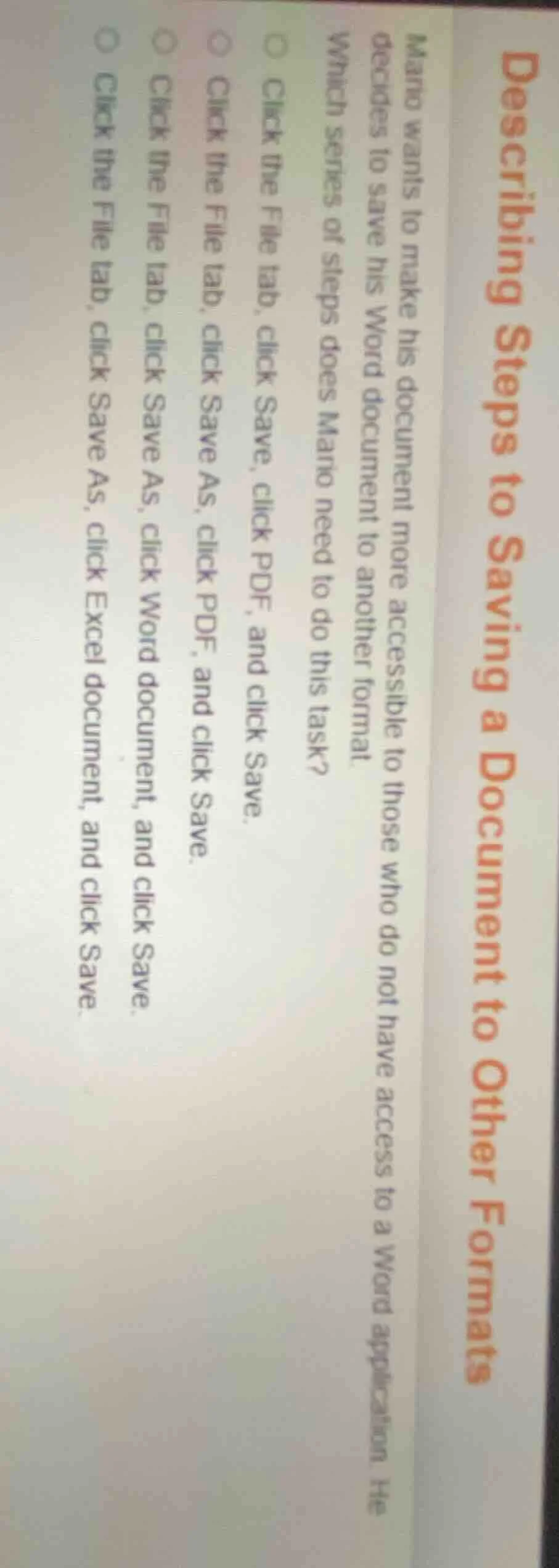 describing steps to saving a document to other formats mario wants to m…