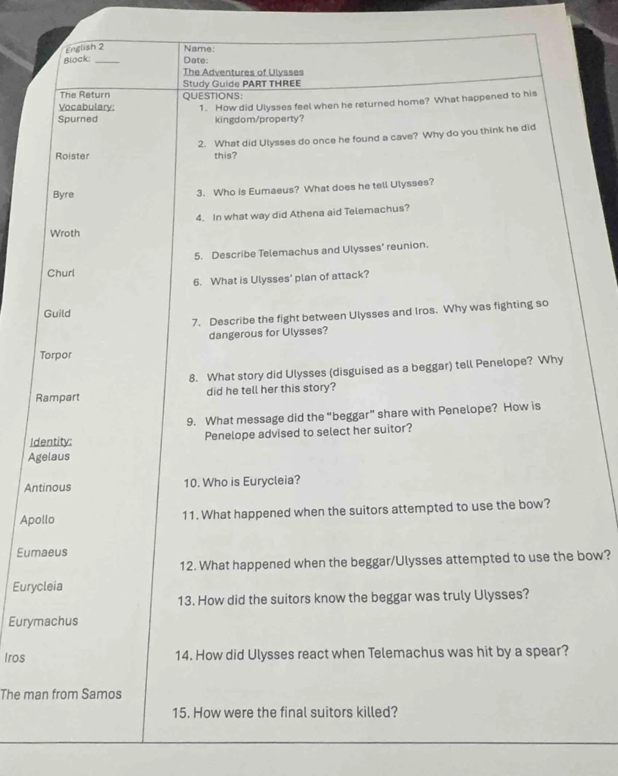 english 2 block: name: date: the adventures of ulysses study guide part…