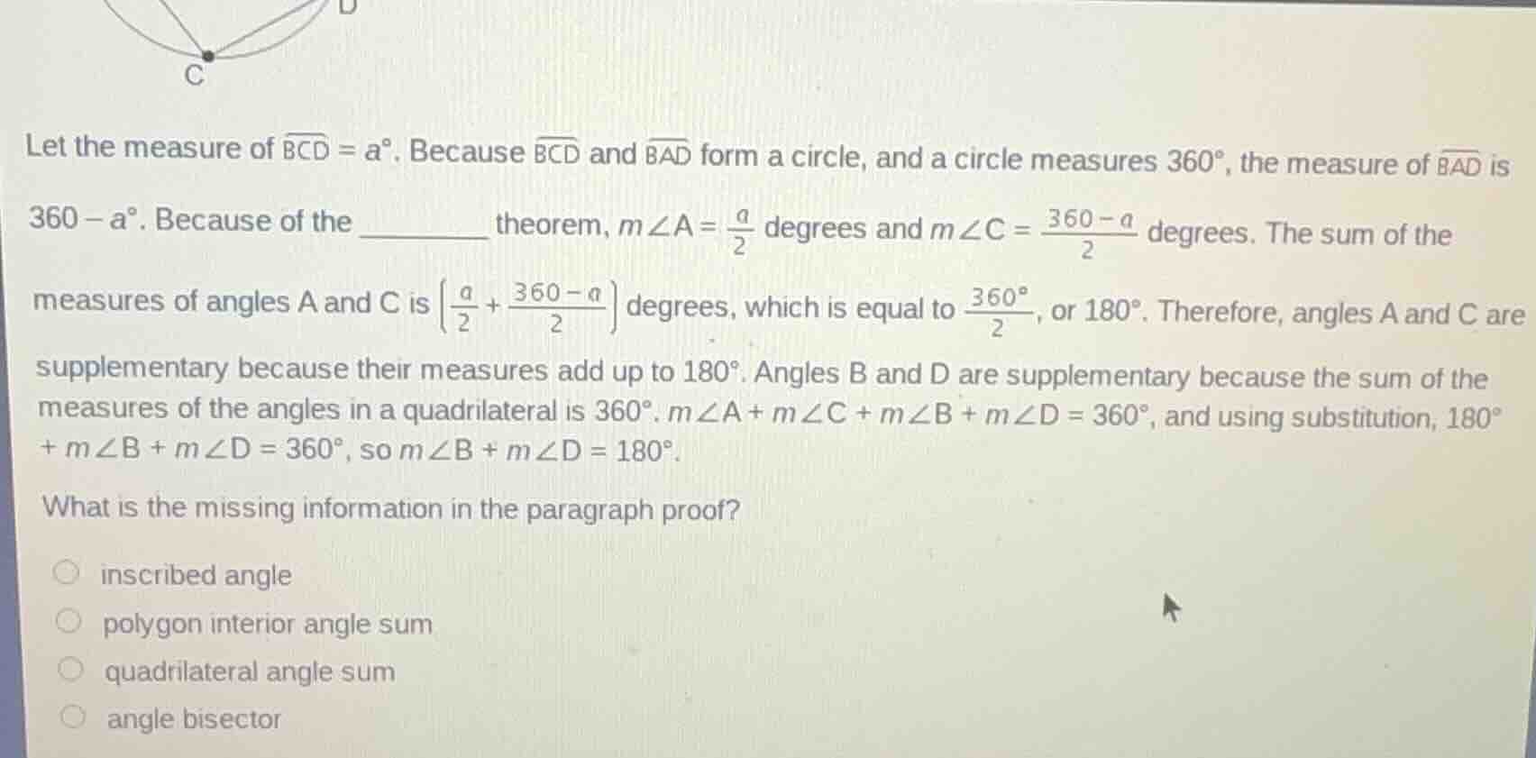 let the measure of $overparen{bcd} = a^{circ}$. because $overparen{bcd}…