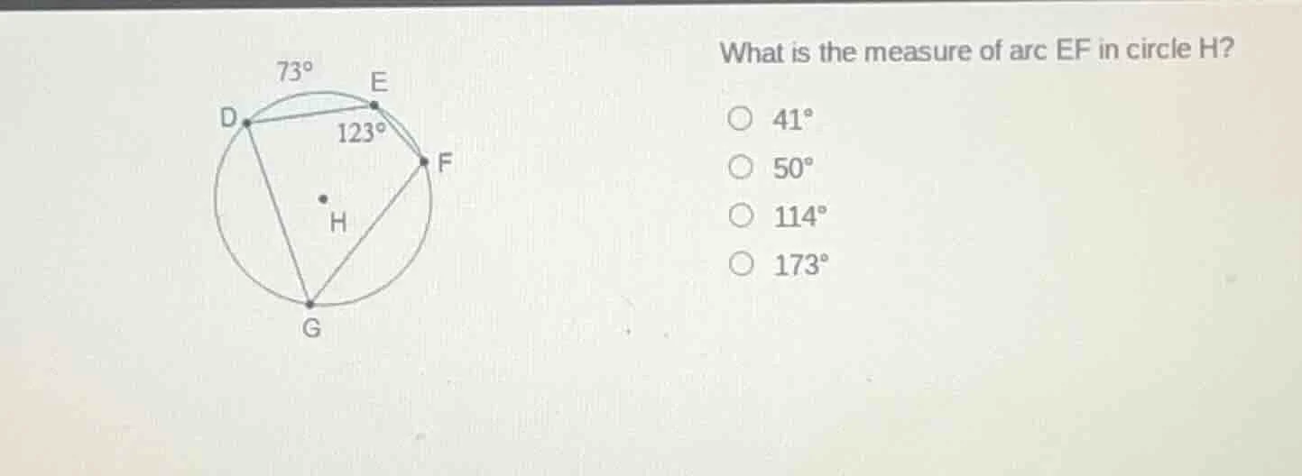 what is the measure of arc ef in circle h? ○ 41° ○ 50° ○ 114° ○ 173°