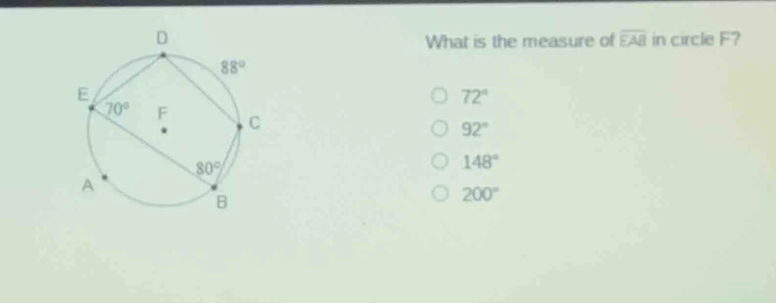 what is the measure of $widehat{eab}$ in circle f? $72^circ$ $92^circ$ …