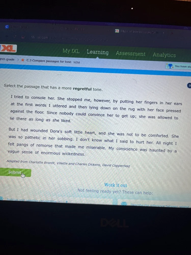 my ixl learning assessment analytics ghth grade > ★ c.3 compare passage…