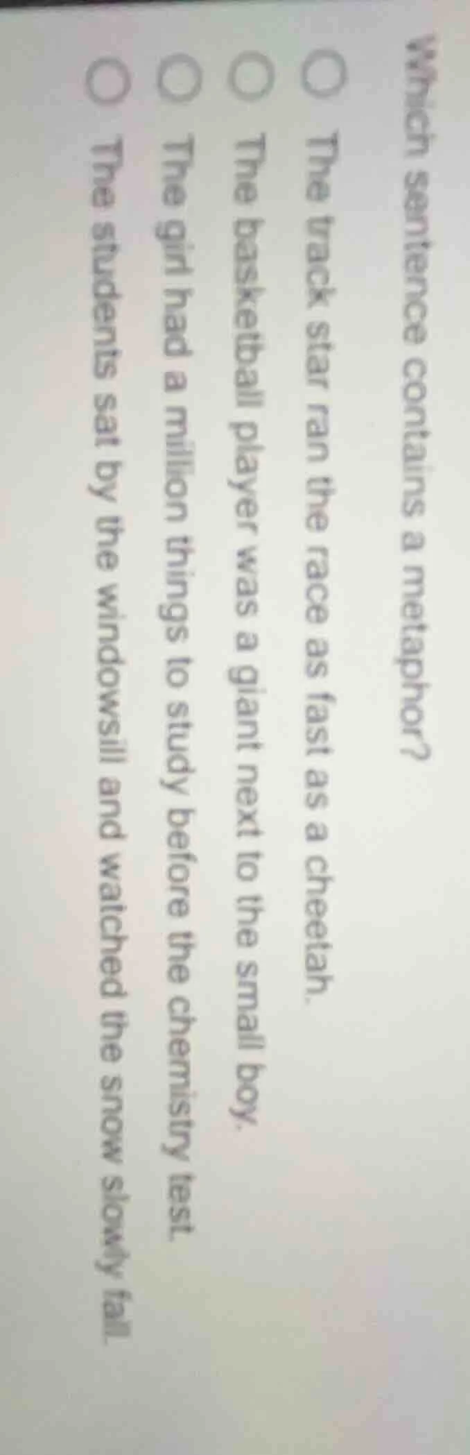 which sentence contains a metaphor? ○ the track star ran the race as fa…