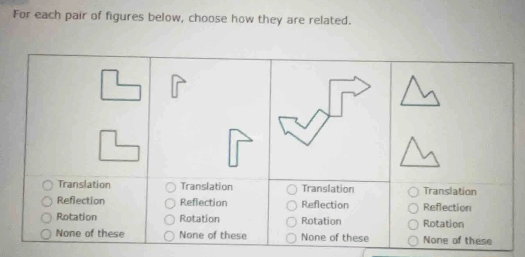 for each pair of figures below, choose how they are related. translatio…