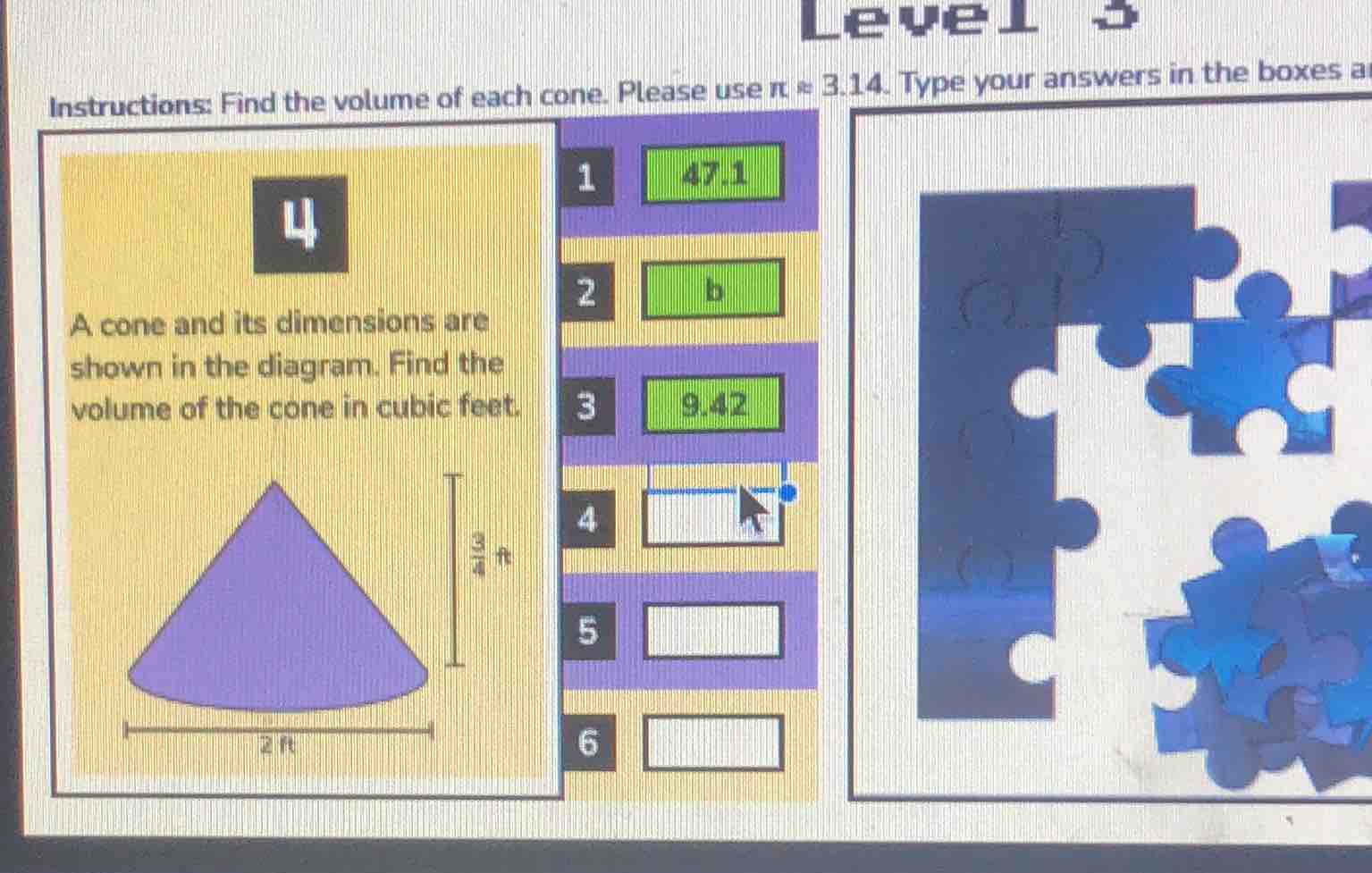 level 3 instructions: find the volume of each cone. please use $pi \\ap…