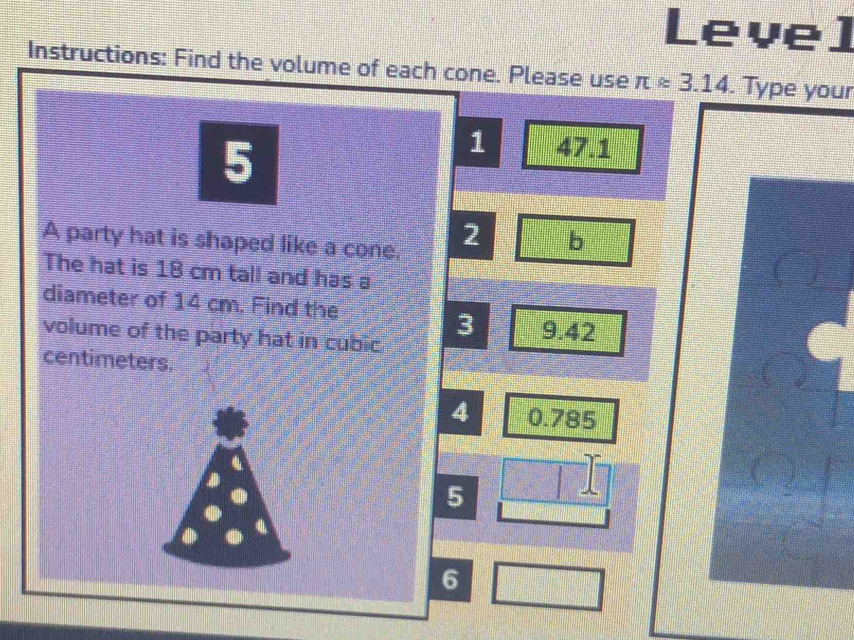 level instructions: find the volume of each cone. please use $pi \\appr…
