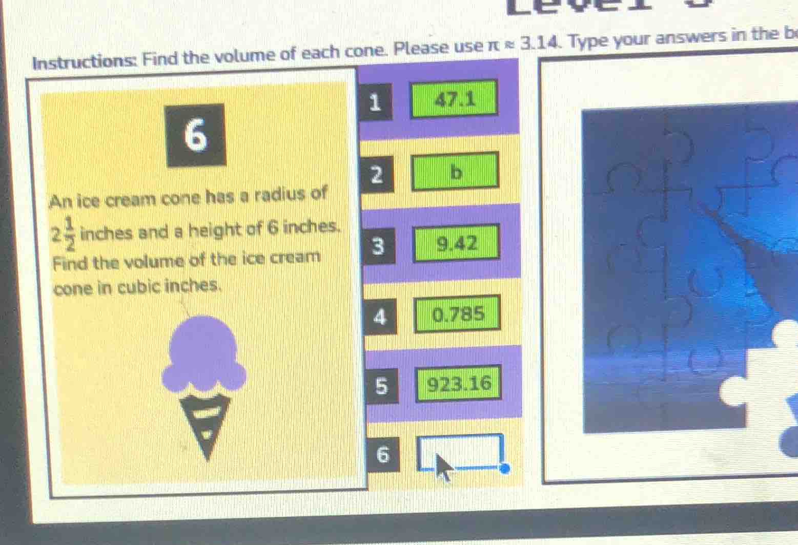 instructions: find the volume of each cone. please use $pi \\approx 3.1…