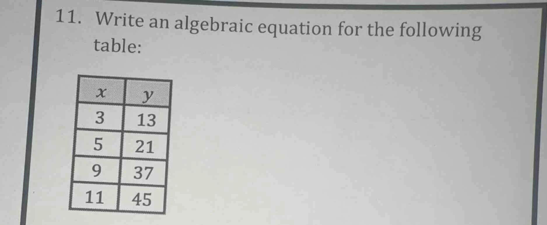 11. write an algebraic equation for the following table: | $x$ | $y$ ||…