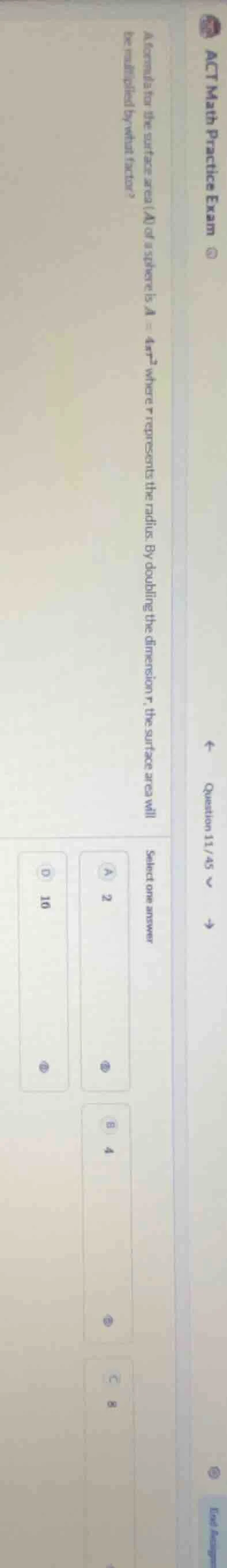 act math practice exam question 11/45 a formula for the surface area (a…