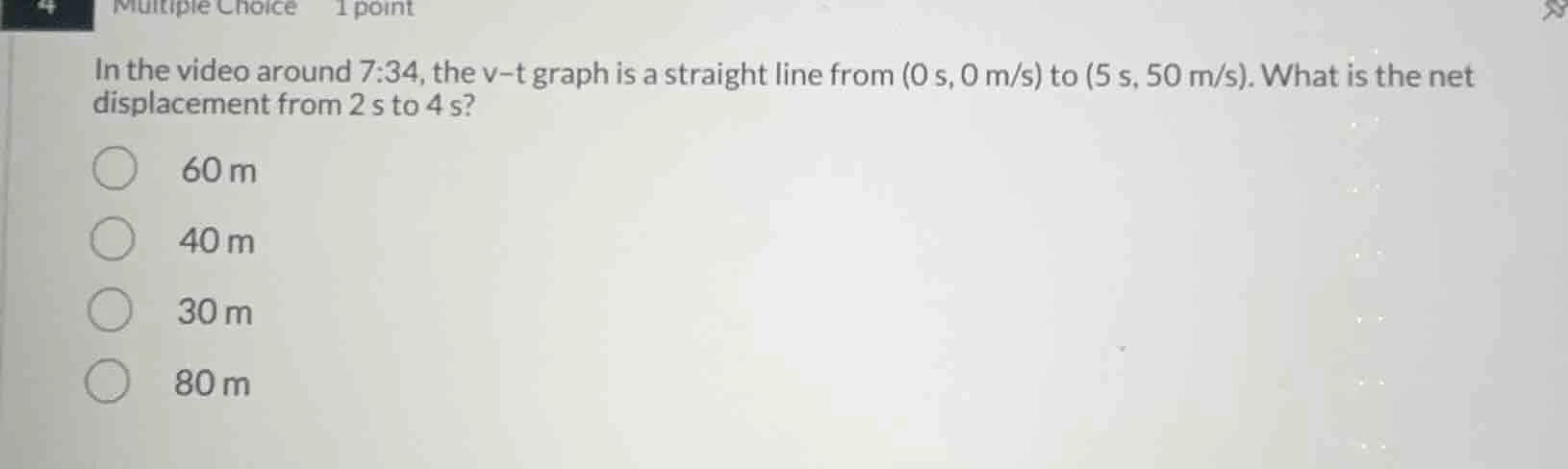 4 multiple choice 1 point in the video around 7:34, the v-t graph is a …