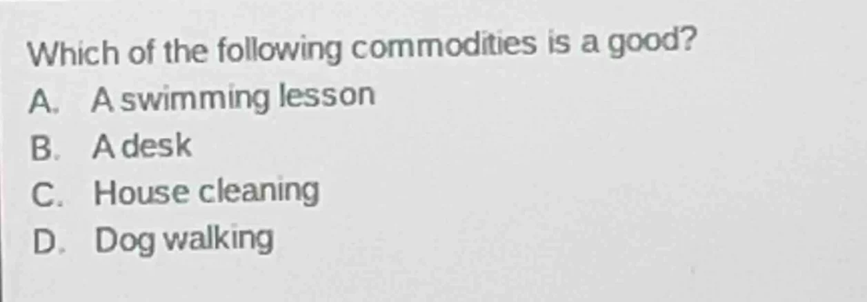 which of the following commodities is a good? a. a swimming lesson b. a…
