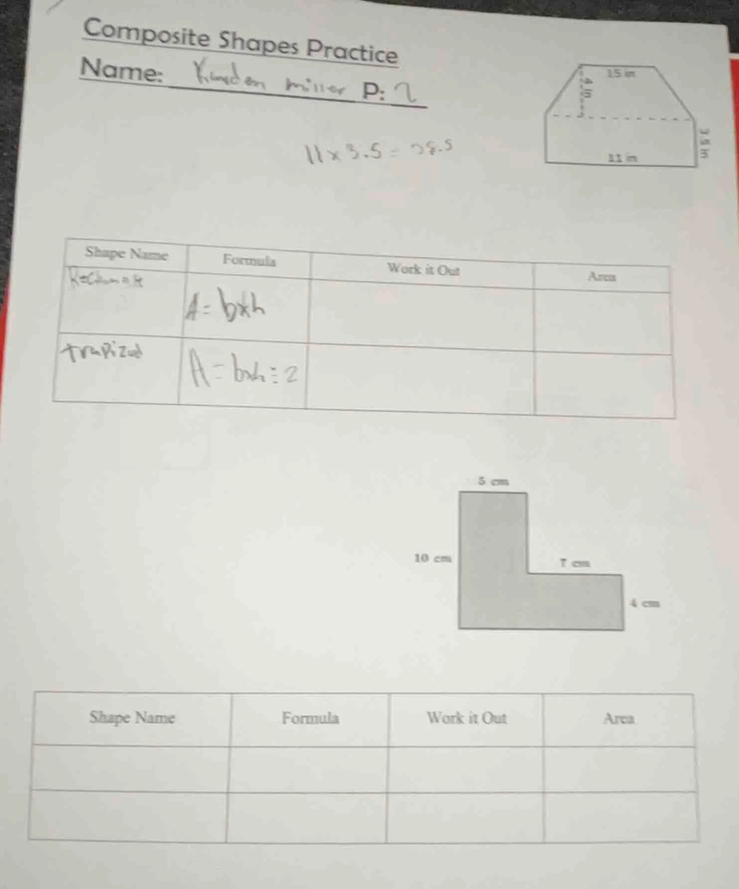 composite shapes practice name: p: 2 $11×3.5=38.5$ |shape name|formula|…