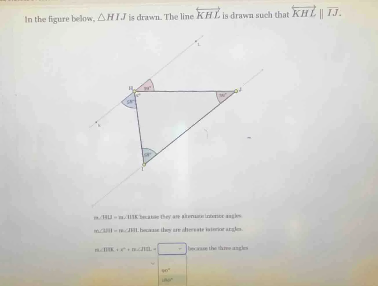 in the figure below, $\triangle hij$ is drawn. the line $overleftrighta…
