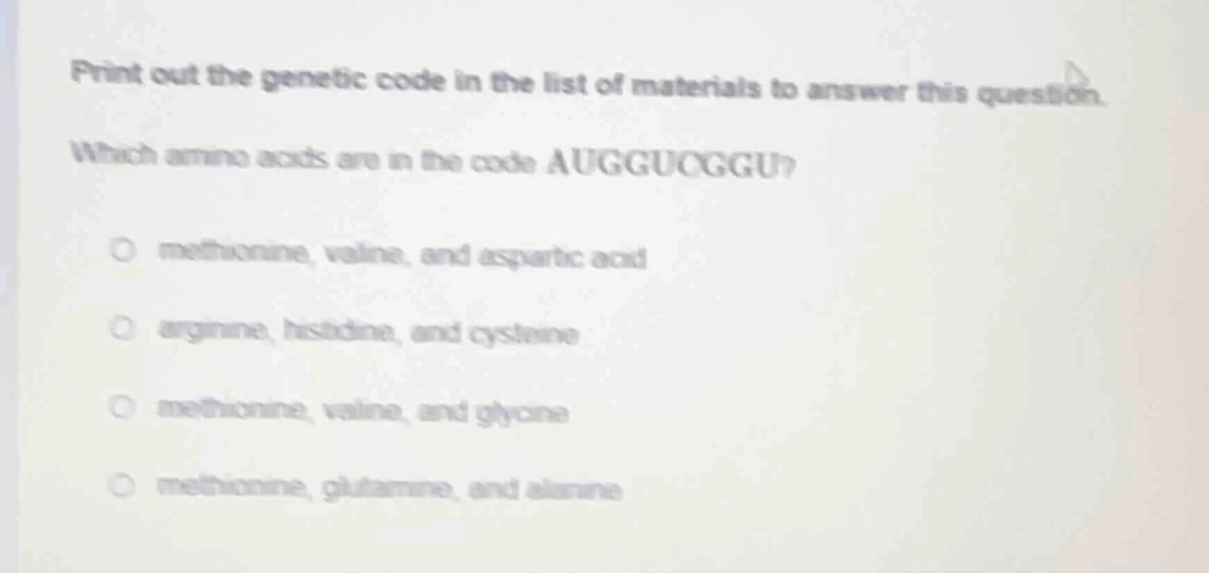 print out the genetic code in the list of materials to answer this ques…