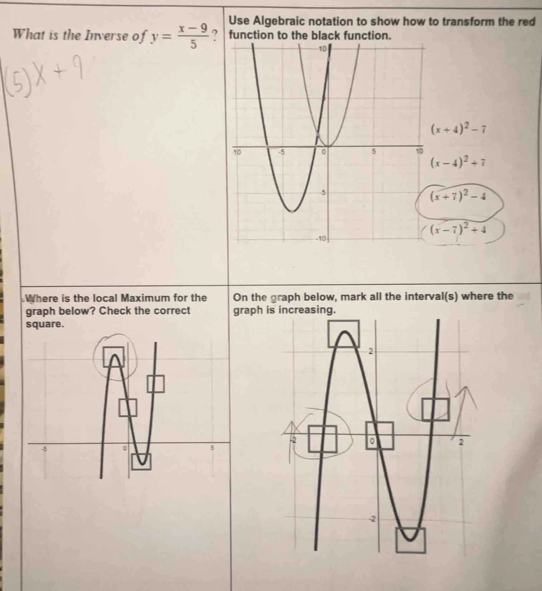 what is the inverse of $y = \\frac{x - 9}{5}$? use algebraic notation t…