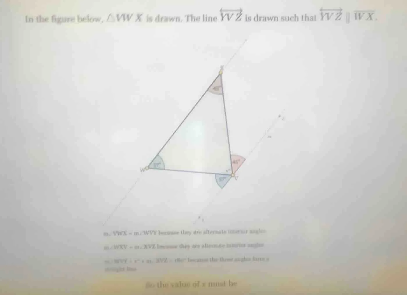 in the figure below, $\triangle vwx$ is drawn. the line $overleftrighta…
