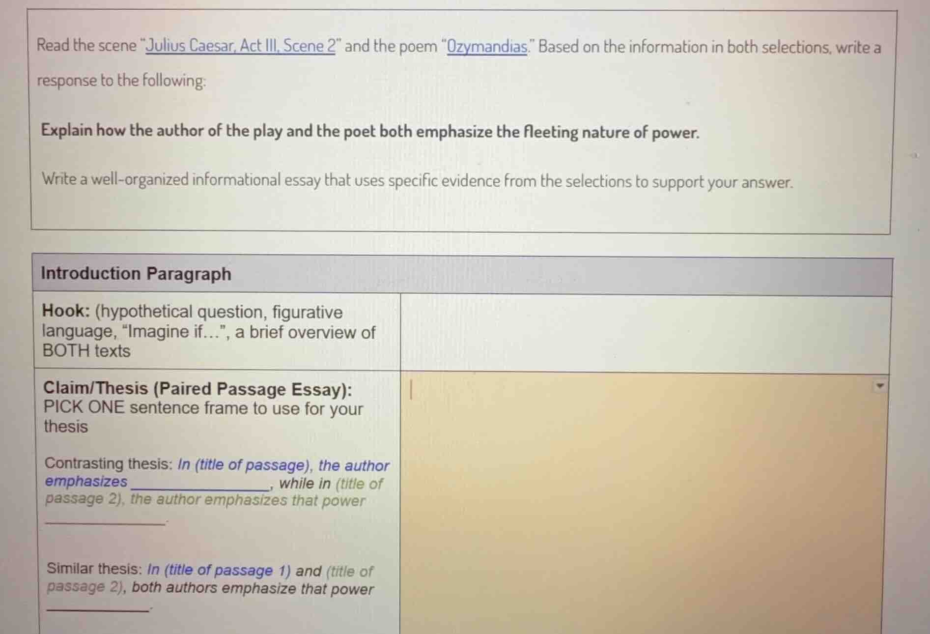read the scene \julius caesar, act iii, scene 2\ and the poem \ozymandi…