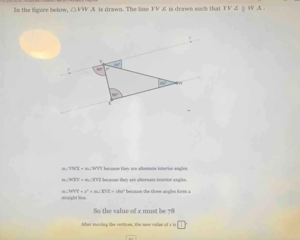 in the figure below, $\triangle vwx$ is drawn. the line $yvz$ is drawn …