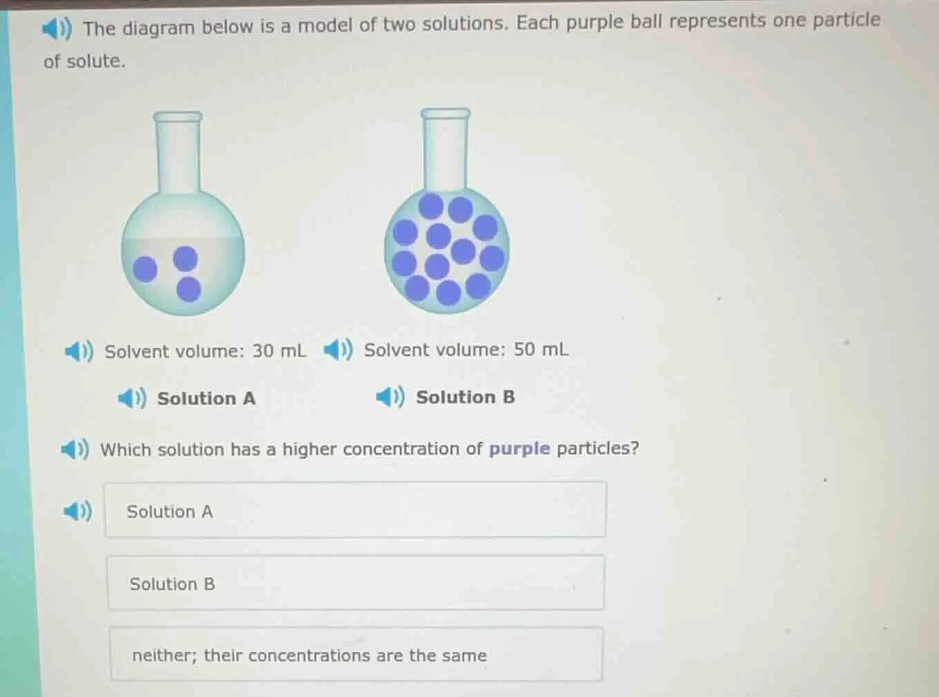 the diagram below is a model of two solutions. each purple ball represe…