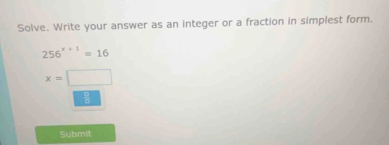 solve. write your answer as an integer or a fraction in simplest form. …