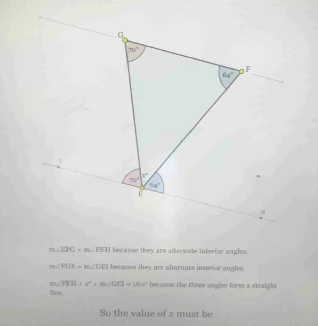 $mangle efg = mangle feh$ because they are alternate interior angles.$m…