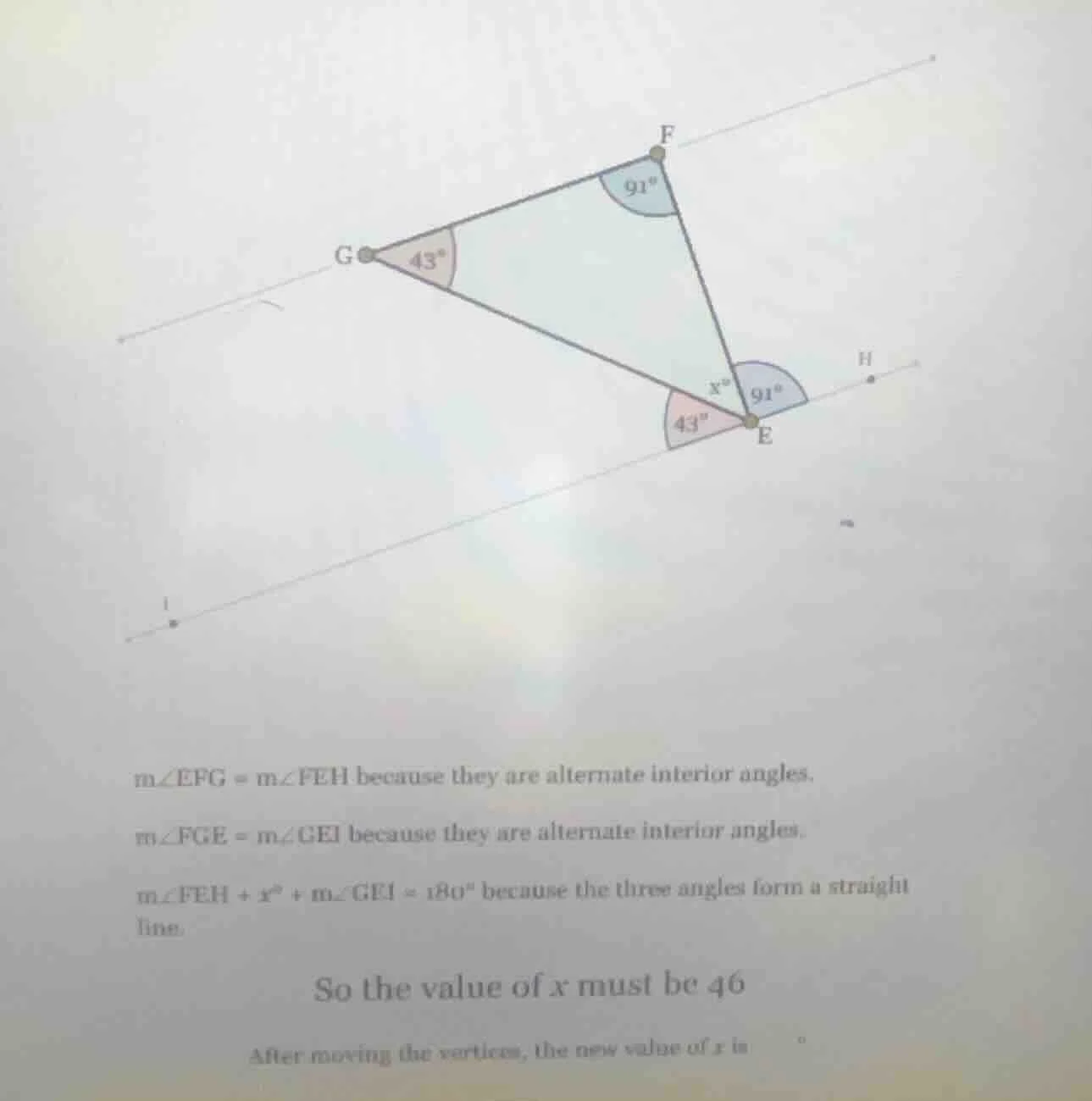 $mangle efg = mangle feh$ because they are alternate interior angles.$m…