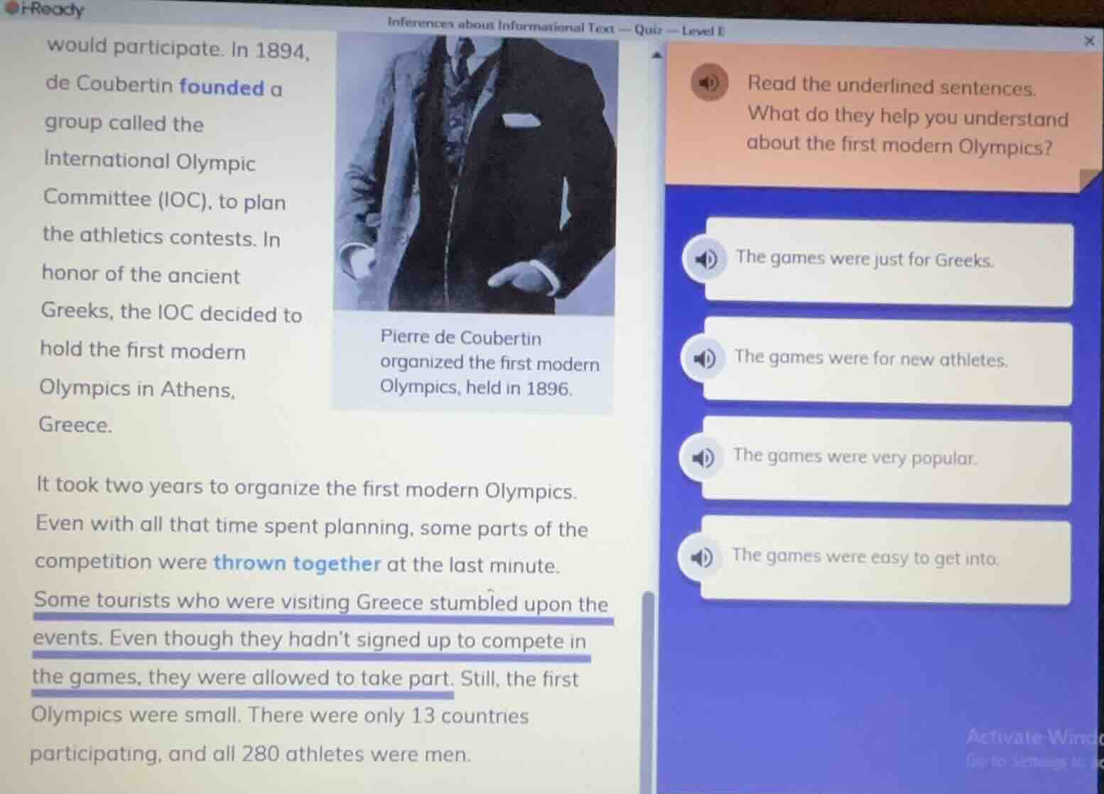 i-readyinferences about informational text — quiz — level ewould partic…