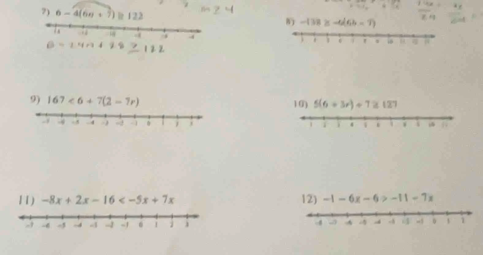 7) $6 - 4(6n + 7) \\geq 122$ 8) $-138 \\geq -6(6b - 7)$ 9) $167 < 6 + 7…