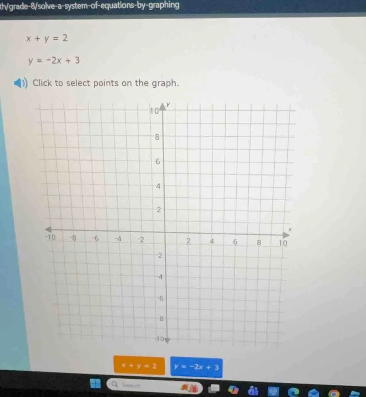 $x + y = 2$ $y = -2x + 3$ click to select points on the graph.
