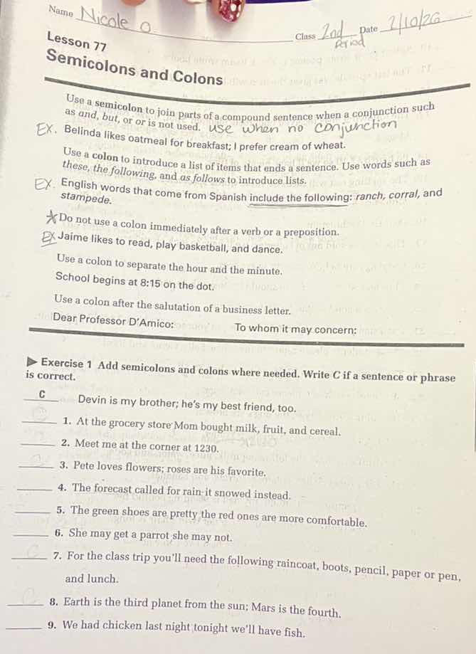 name nicole o. class 201 date 2/10/26 lesson 77 semicolons and colons u…