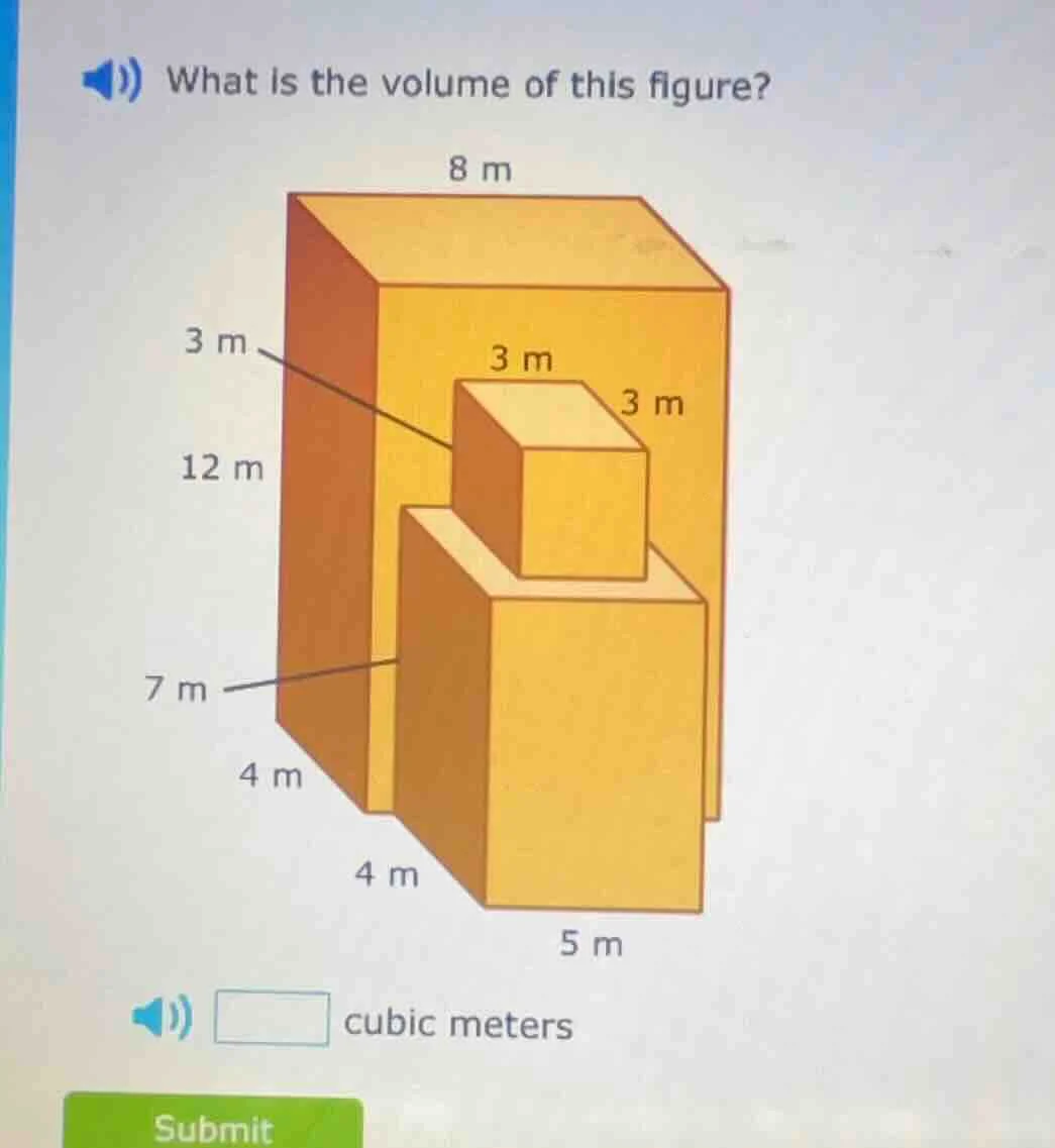 what is the volume of this figure? 8 m 3 m 3 m 3 m 12 m 7 m 4 m 4 m 5 m…