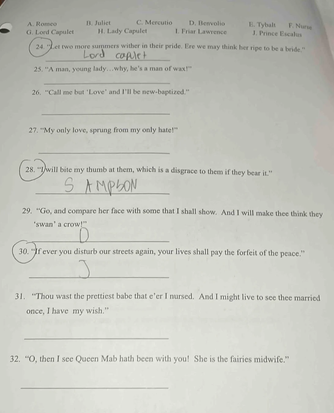 a. romeo b. juliet c. mercutio d. benvolio e. tybalt f. nurse g. lord c…