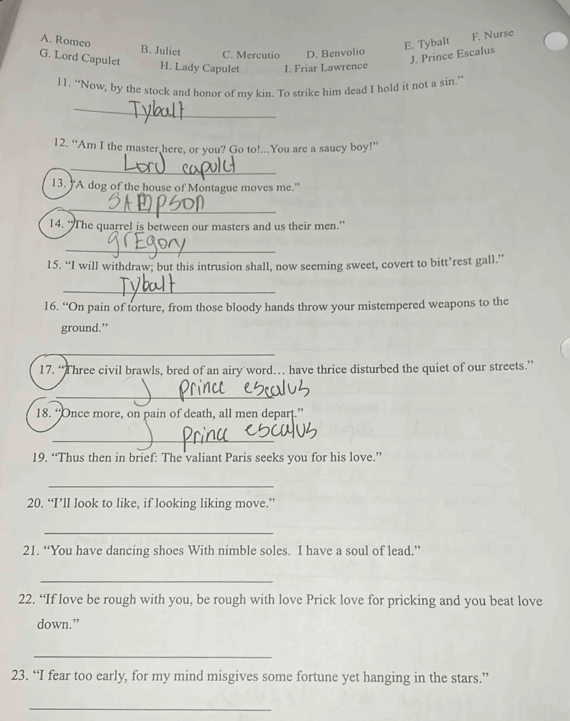 a. romeo b. juliet c. mercutio d. benvolio e. tybalt f. nurse g. lord c…