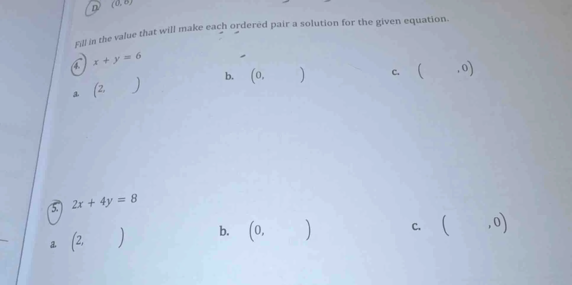 fill in the value that will make each ordered pair a solution for the g…