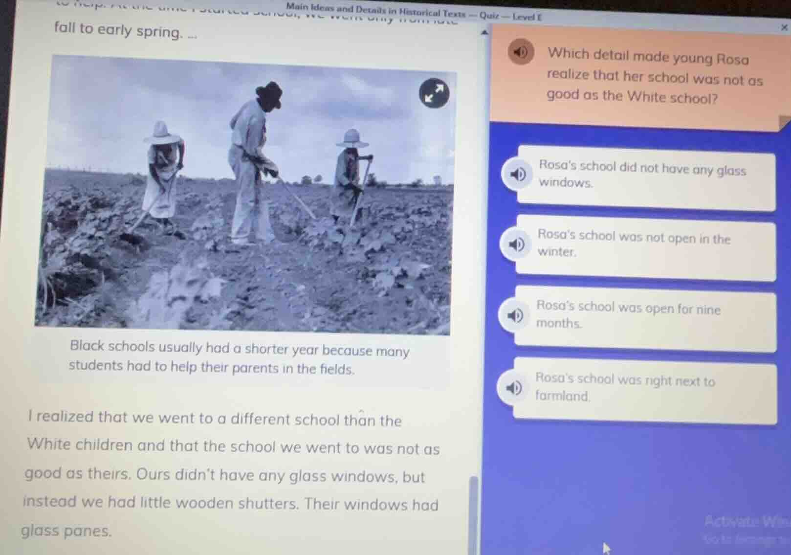 main ideas and details in historical texts — quiz — level e fall to ear…