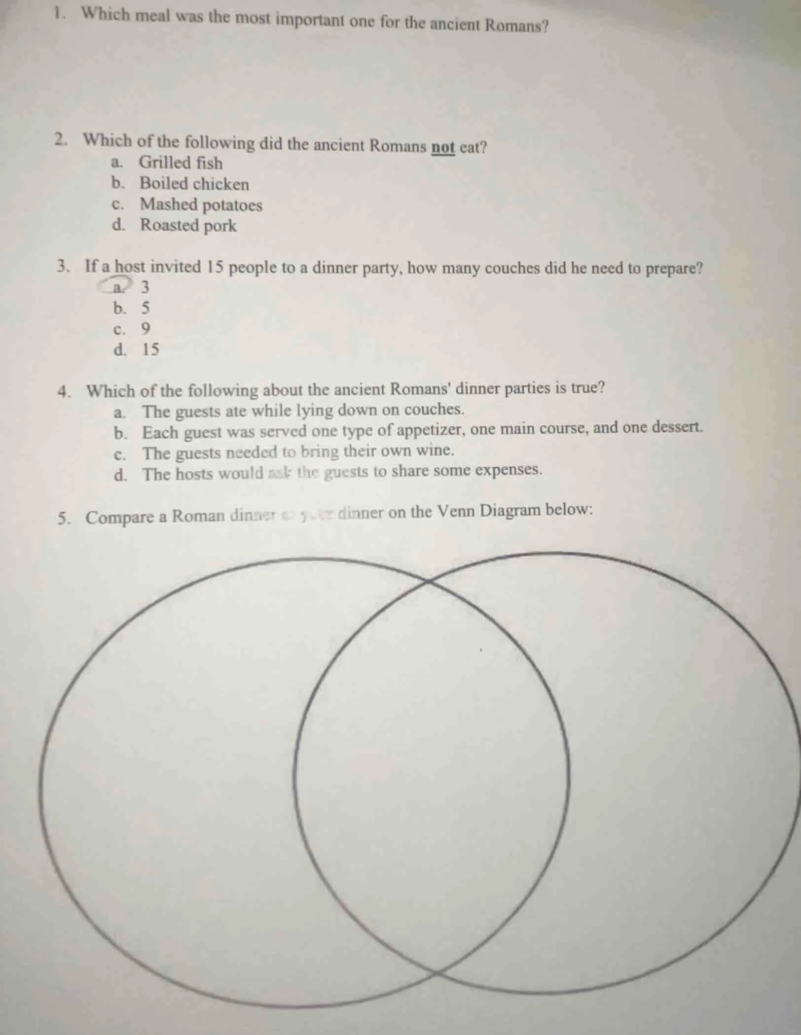 1. which meal was the most important one for the ancient romans? 2. whi…