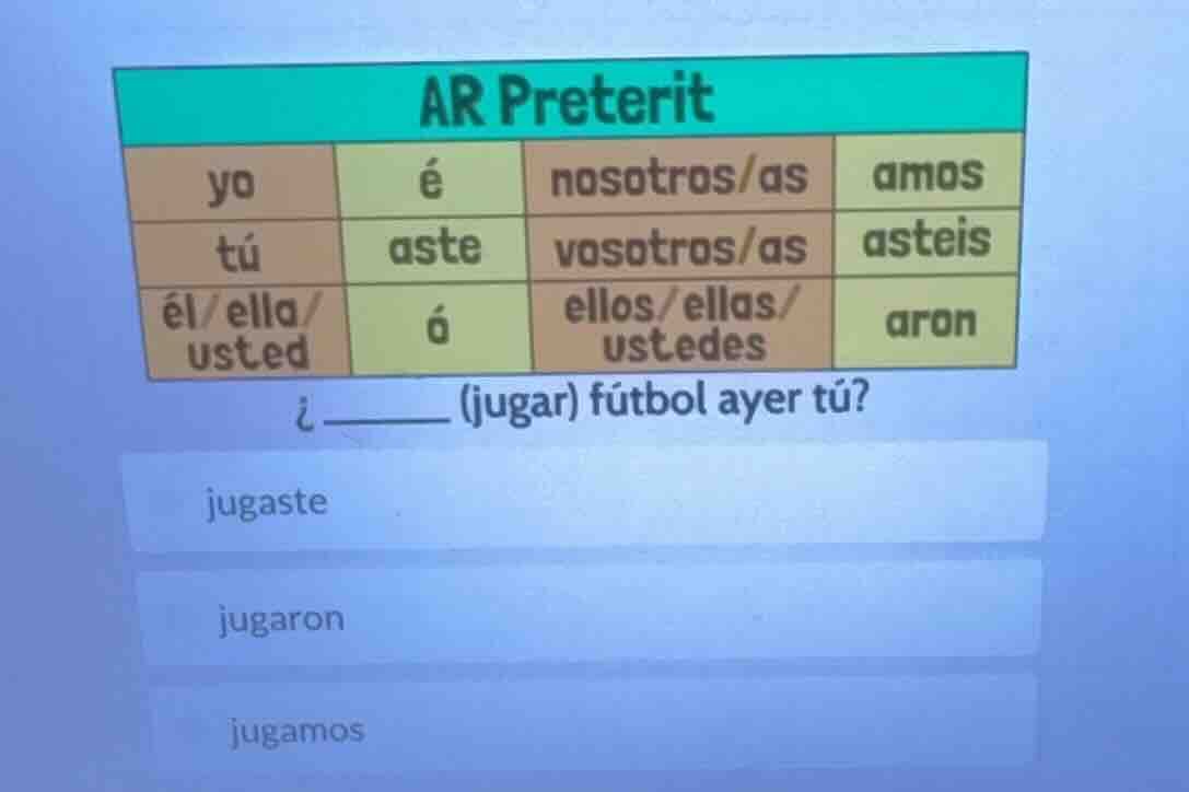 ar preterit yo é nosotros/as amos tú aste vosotros/as asteis él/ella/ u…