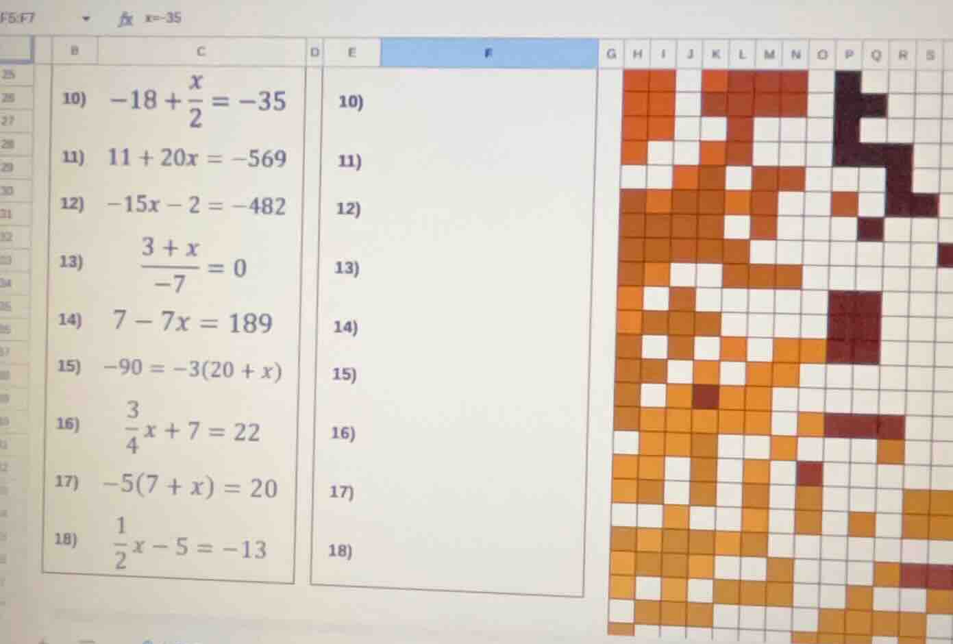 10) $-18 + \\frac{x}{2} = -35$ 11) $11 + 20x = -569$ 12) $-15x - 2 = -4…
