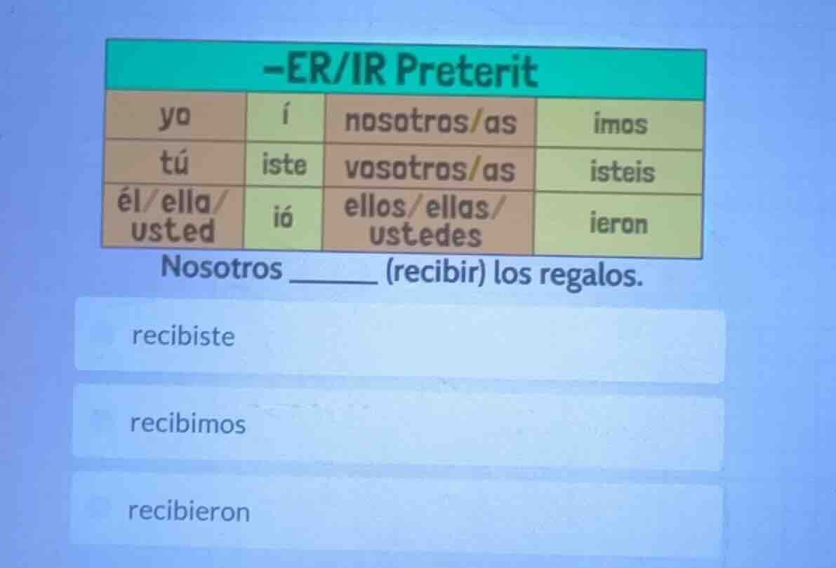 -er/ir preterit yo\tí\tnosotros/as\timos tú\tiste\tvosotros/as\tisteis …