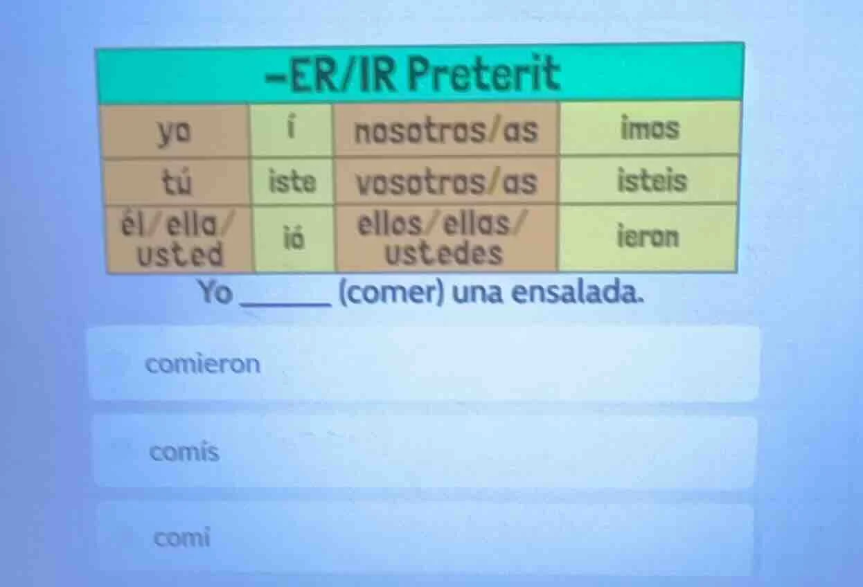 -er/ir preterit yo \t í \t nosotros/as \t imos tú \t iste \t vosotros/a…