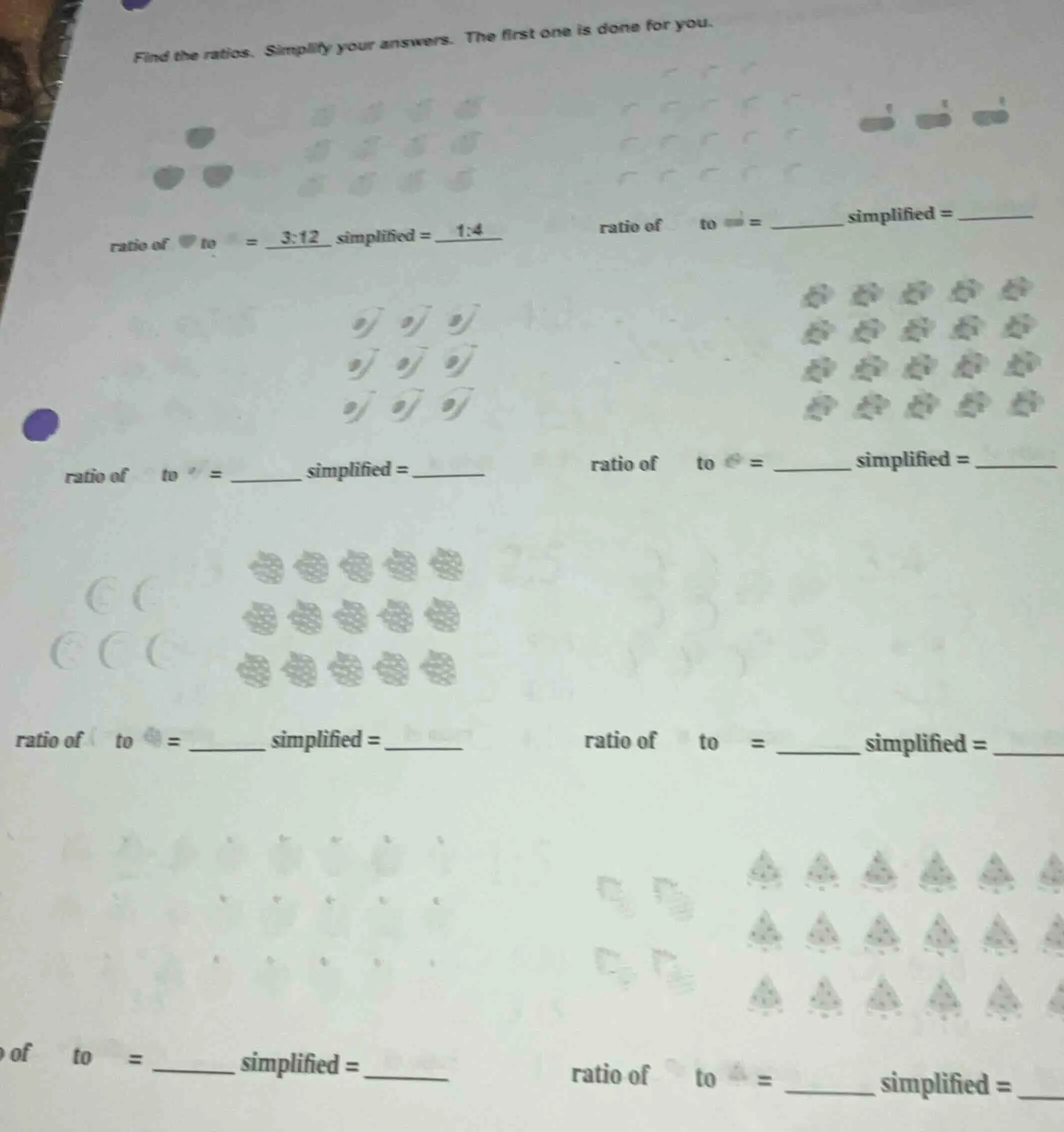find the ratios. simplify your answers. the first one is done for you. …