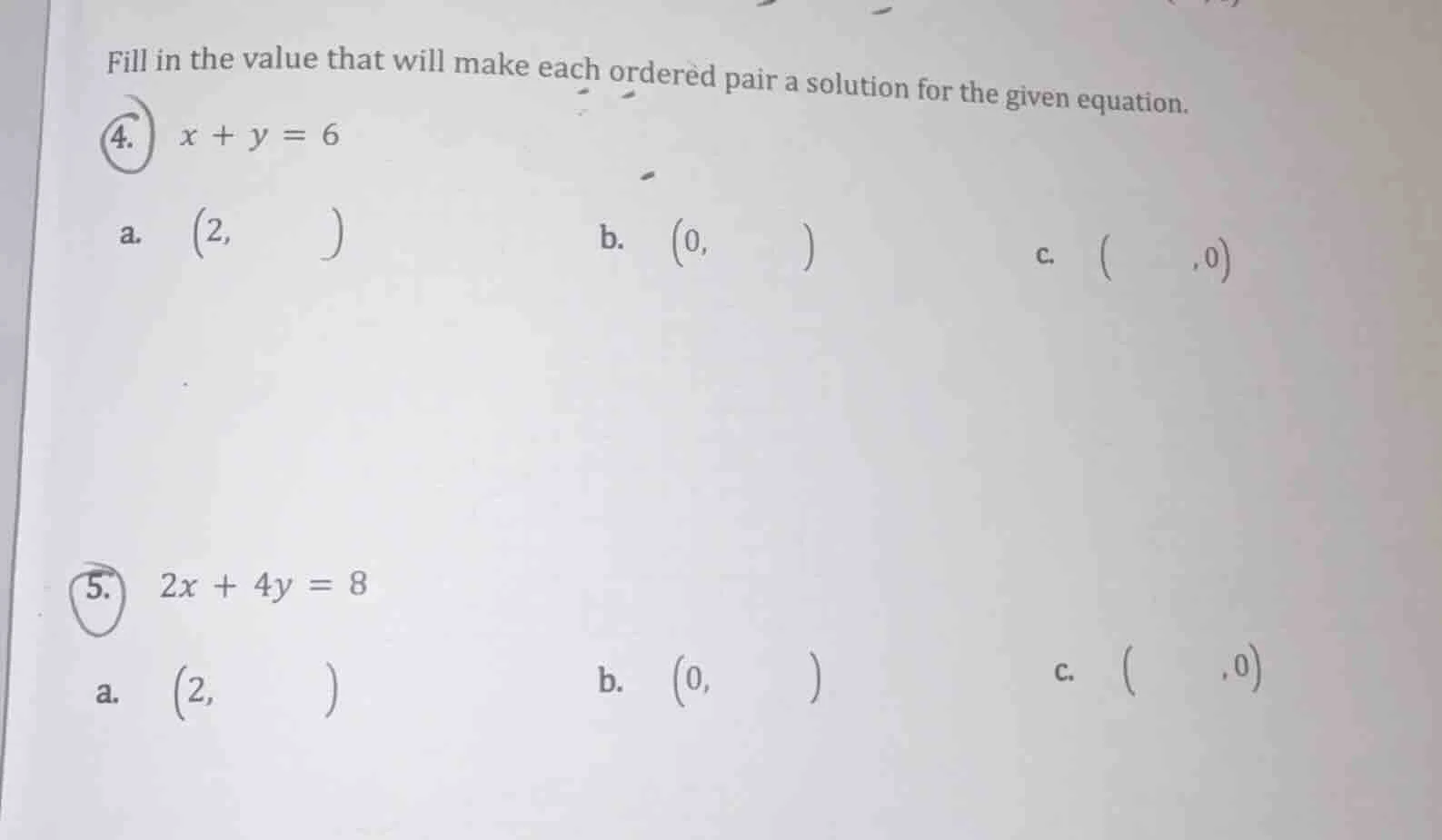 fill in the value that will make each ordered pair a solution for the g…