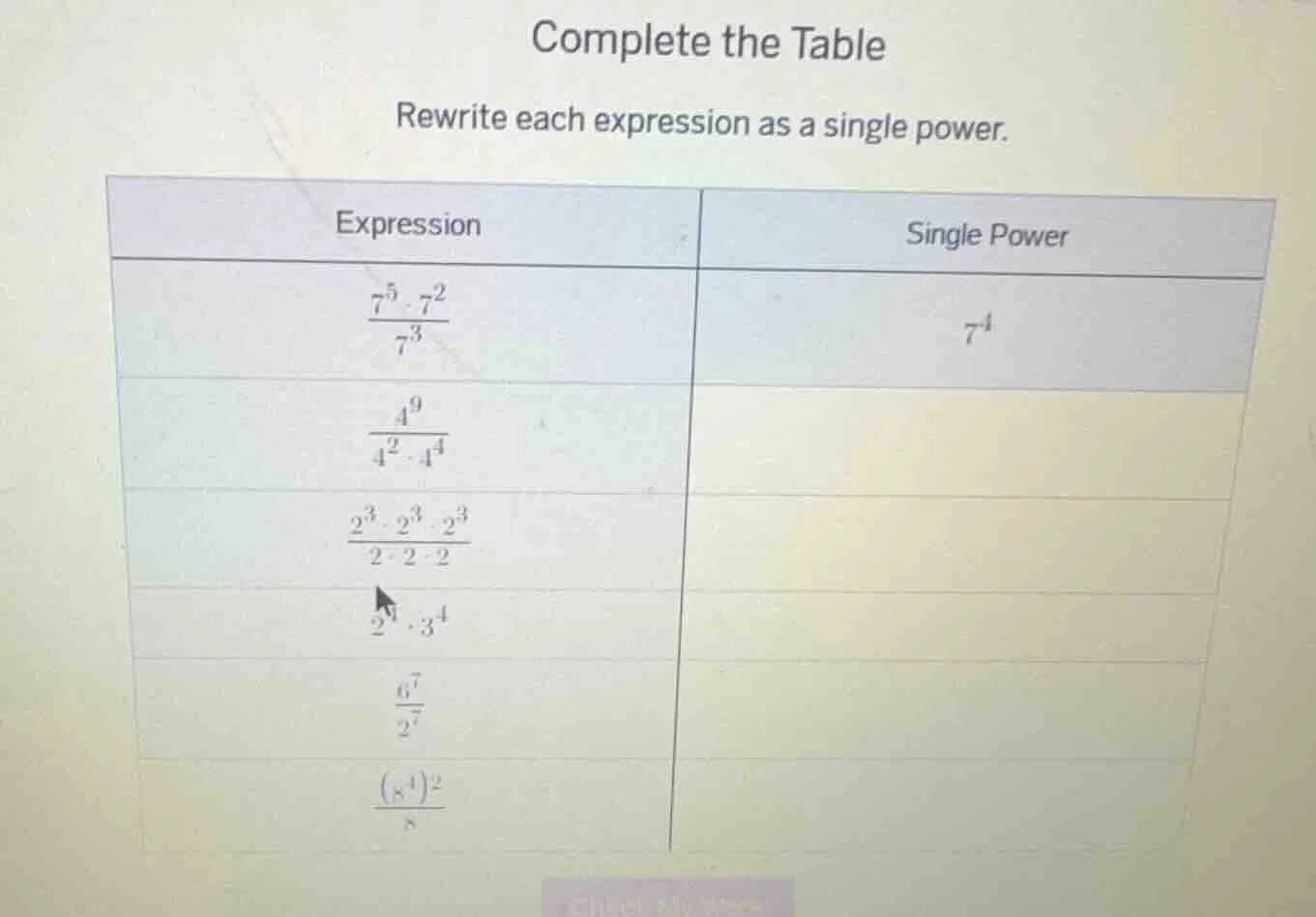 complete the table rewrite each expression as a single power. expressio…