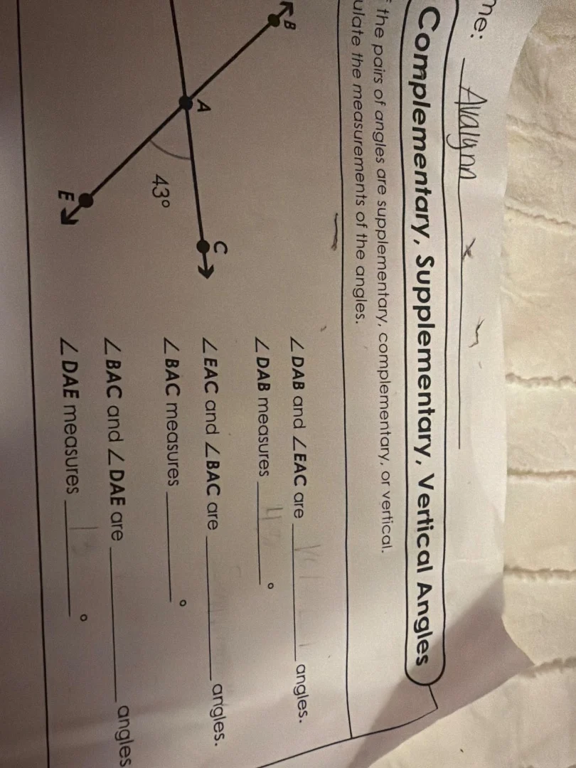 name: avalynn complementary, supplementary, vertical angles identify if…