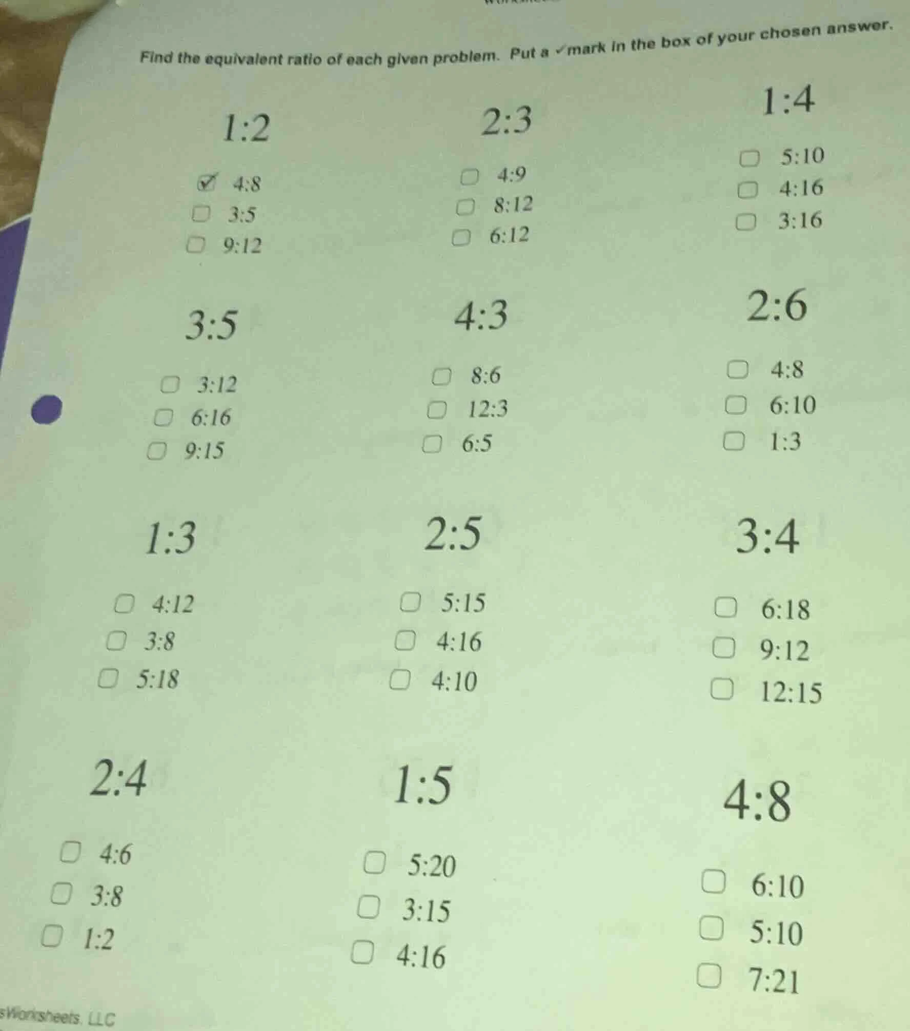 find the equivalent ratio of each given problem. put a ✓mark in the box…